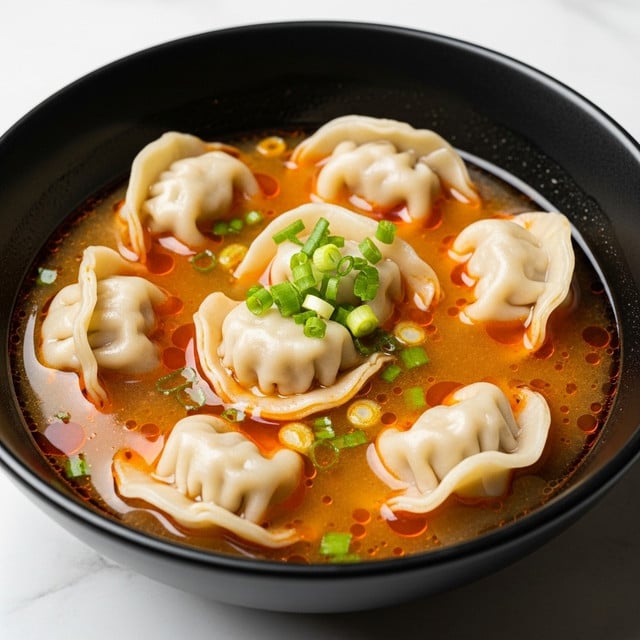 A close-up of a black bowl filled with five light beige dumplings floating in a clear orange broth with shiny red oil droplets on the surface. Small chopped green onions are scattered on top, adding bright green color. The dumplings have soft, folded edges and smooth, shiny skin that reflects the light. The black bowl contrasts with the vibrant soup, and the background is a white marbled texture. photo taken with an iphone --ar 4:5 --v 7