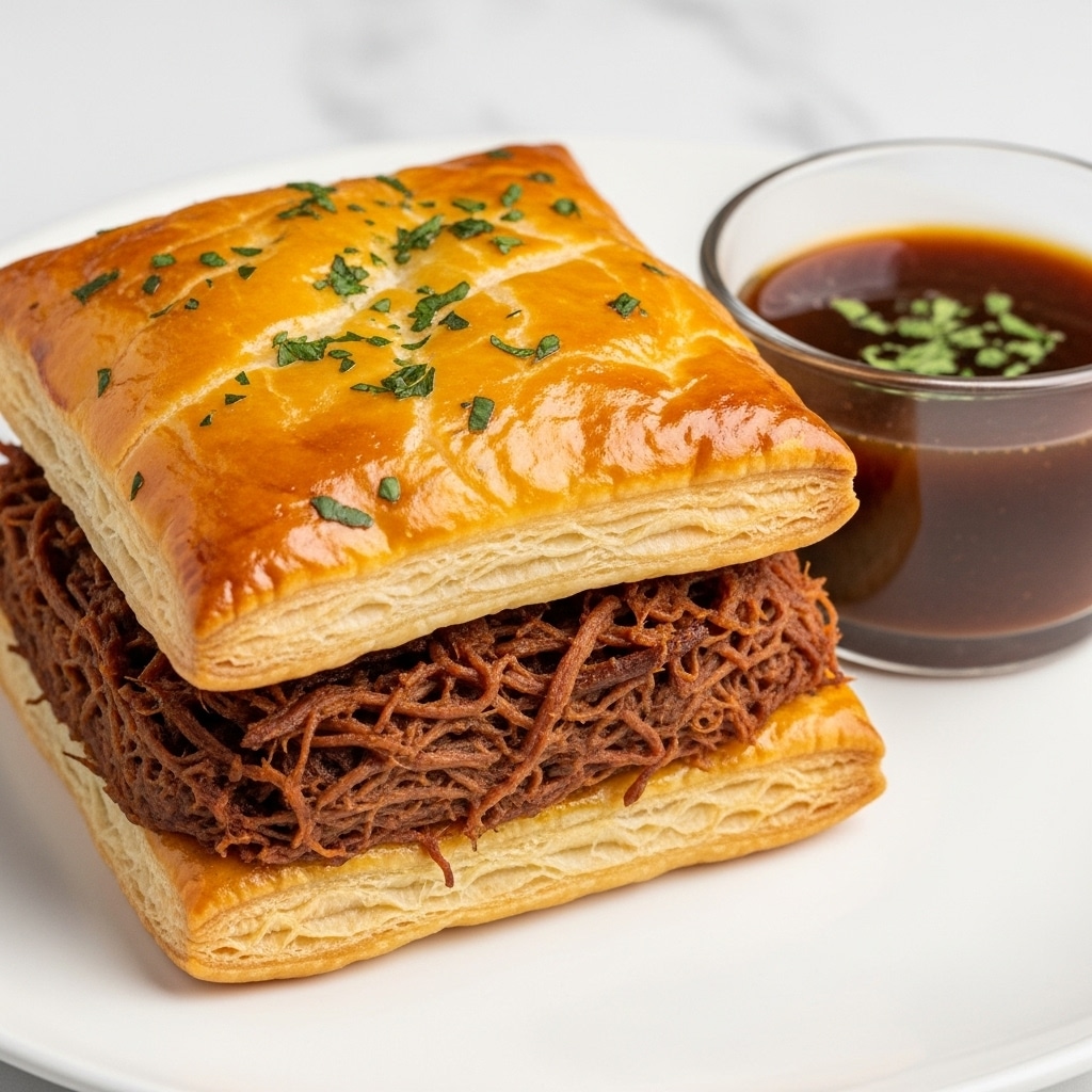 A close-up of a two-layer square savory pastry on a white plate with a glossy golden-brown puff pastry top sprinkled with small green herb pieces. Below the top layer is a thick middle layer of dark brown shredded meat textured with strands, and the bottom layer is a flaky, golden pastry crust. Next to the pastry on the plate is a small cup filled with dark brown sauce, slightly glossy with some herbs floating on top. The background is a white marbled surface. Photo taken with an iphone --ar 4:5 --v 7