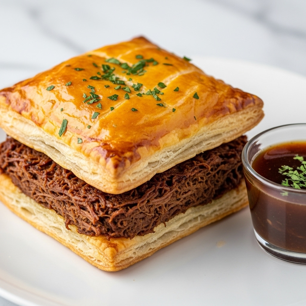 The image shows a close-up of a square piece of layered pastry resting on a white plate with a white marbled surface background. The pastry has multiple flaky, golden-brown layers on top, shiny with a light glaze and sprinkled with small green herbs. Below the top crust, there is a thick layer of dark, shredded meat with a rich, moist texture. Next to the pastry, a small white round dish holds dark brown sauce with a smooth surface and a small green herb floating in it. A woman's hand is gently holding the pastry from the side. Photo taken with an iphone --ar 4:5 --v 7