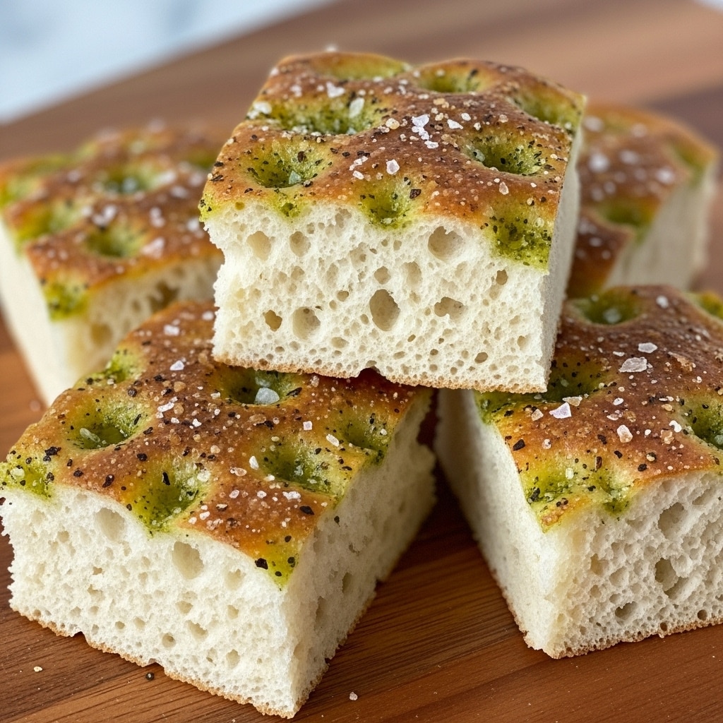 The image shows five square focaccia bread pieces stacked casually on a wooden board. Each piece has a golden-brown, slightly crispy crust with a textured top full of small dimples. The top layer is covered in green herb oil, speckled with coarse salt and black pepper bits, giving a fresh, savory look. Inside, the bread is soft and airy with visible holes, showing a light cream color and fluffy texture. The wooden board adds a warm tone, and the background is softly blurred with a neutral tone. photo taken with an iphone --ar 4:5 --v 7