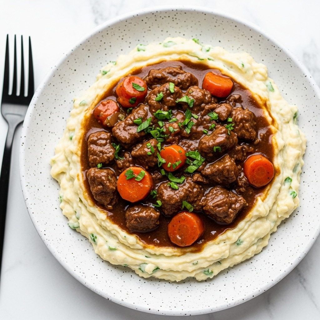 The image shows a white speckled plate holding a generous serving of creamy mashed potatoes as the base layer, creamy and slightly textured with small green herb flecks mixed in. On top, there is a thick layer of brown beef stew mixed with orange carrot chunks, covered in a rich, glossy gravy that glistens under the light. The dish is garnished with freshly chopped green herbs sprinkled evenly over the top. The plate sits on a white marbled surface, and to the left, a black fork is partially visible. The composition looks warm and comforting. Photo taken with an iphone --ar 4:5 --v 7