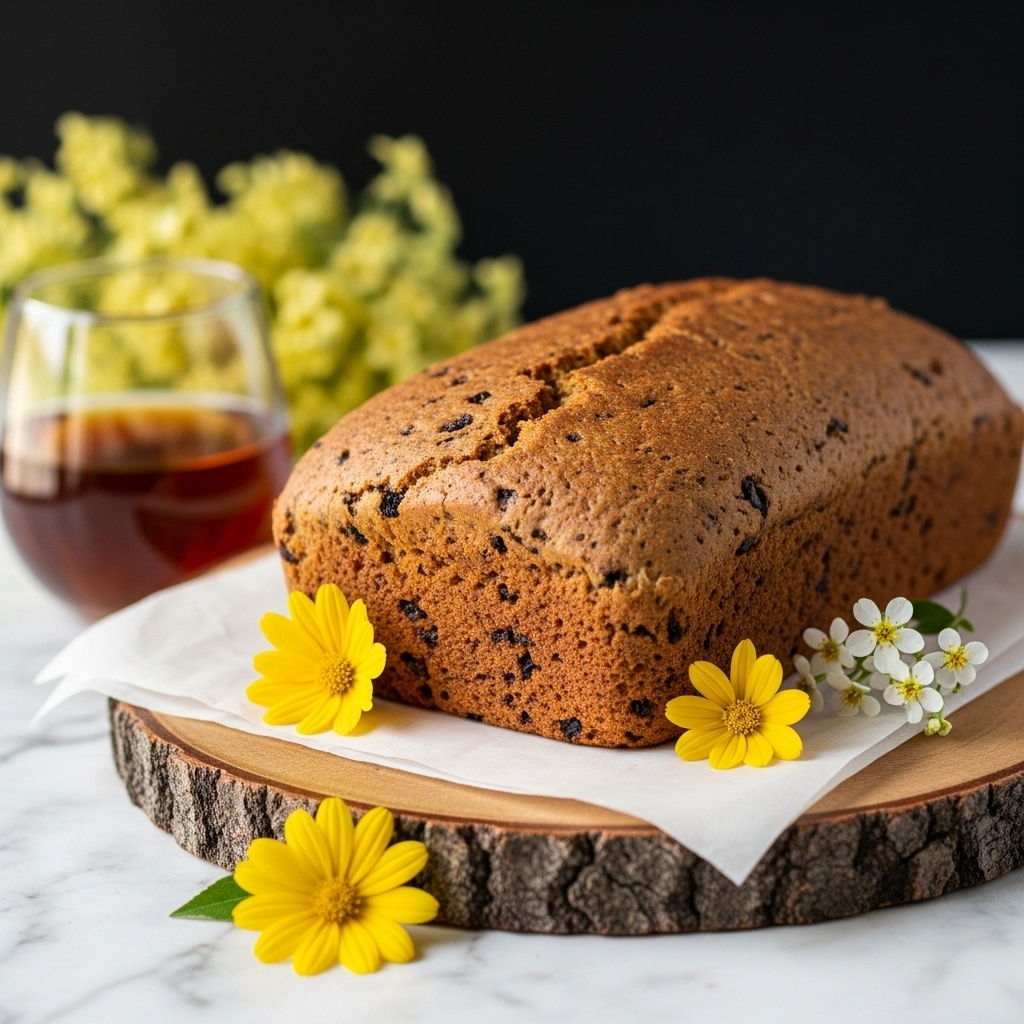 The image shows a thick loaf of brown bread with small dark spots inside, sitting on a round wooden slab covered with parchment paper. A few yellow flowers and small white blossoms decorate the front and side of the slab. Behind the loaf, there is a clear glass filled with a dark amber liquid. In the background, soft yellow flowers and a dark black space can be seen, all placed on a white marbled surface. Photo taken with an iphone --ar 4:5 --v 7