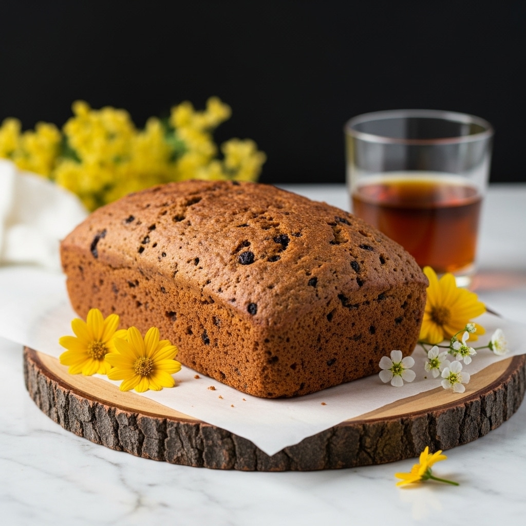 The image shows a loaf of brown bread with seeds inside, placed on a circular wooden board lined with parchment paper. The bread is cut to show its soft inside with a slightly rough brown crust. There are small yellow flowers and white baby's breath flowers around the board, adding a fresh, natural look. In the background, there is a glass cup with dark tea and a large wooden box softly blurred. The whole setup is on a white marbled surface. photo taken with an iphone --ar 4:5 --v 7