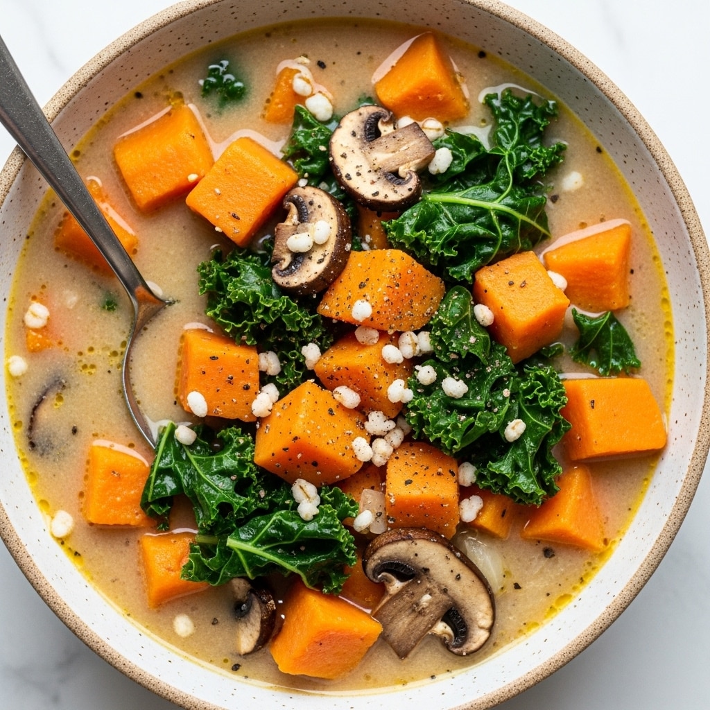 A close-up view of a creamy soup filled with large bright orange chunks of sweet potato, dark brown sliced mushrooms, and dark green kale leaves all floating in a light beige broth. The soup is sprinkled with small white grains and black pepper, scattered on top. It is served in a white bowl with a light brown speckled rim, with a silver spoon resting inside on the left side. The background is a white marbled texture. Photo taken with an iphone --ar 4:5 --v 7