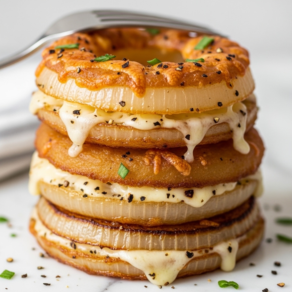 A close-up view of a tall stack of grilled onion rings layered with melted light yellow cheese dripping down the sides, each onion ring showing a golden-brown and slightly crispy edge with visible char marks. The surface of the stack is sprinkled with coarse black pepper and small green herb flakes, creating a textured, flavorful look. The background is a white marbled texture, giving a clean and bright contrast to the rich colors of the onion rings and cheese. photo taken with an iphone --ar 4:5 --v 7