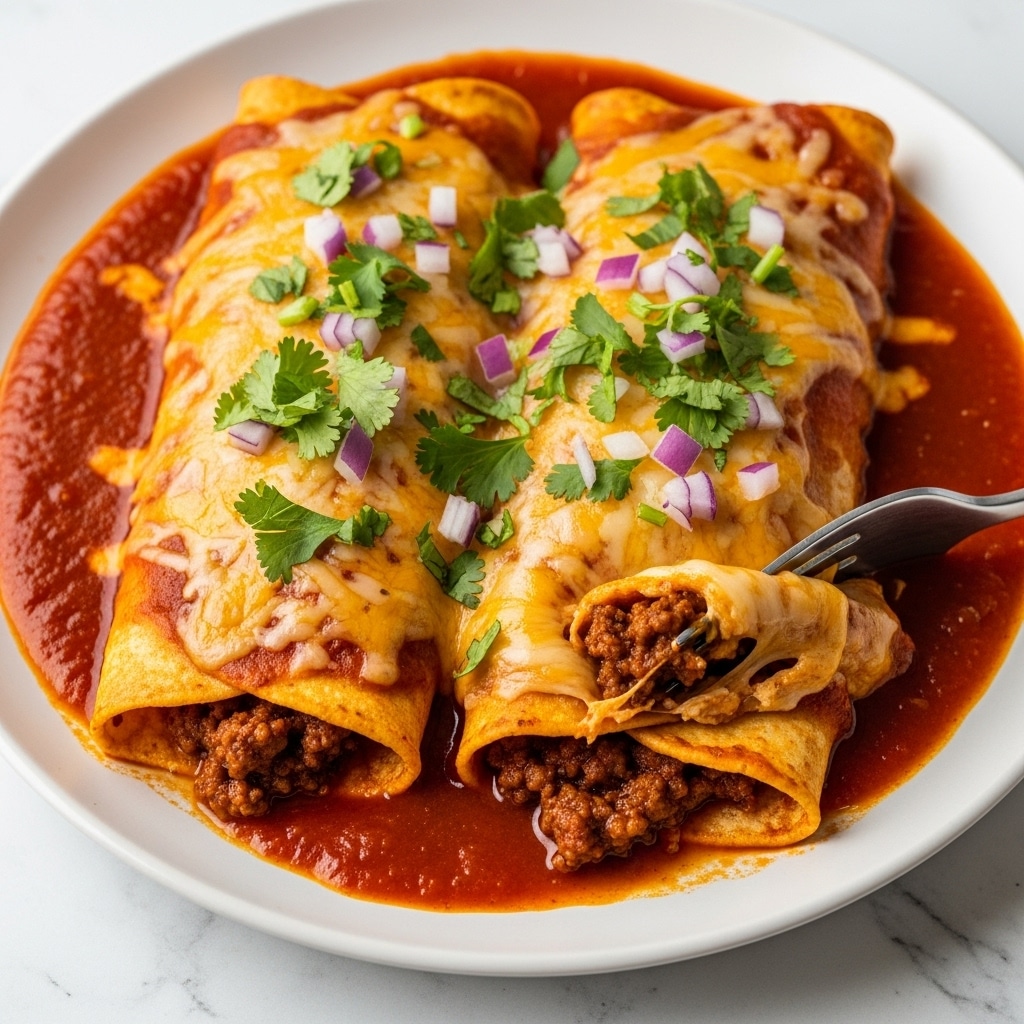 Two enchiladas sit side by side on a white plate filled with rich red sauce that pools around them. Each enchilada has a soft, slightly browned tortilla wrapped around a filling of seasoned ground meat that peeks out at the edges. The top layer is covered in melted, golden-yellow cheese, with some parts bubbly and stretched. Chopped fresh cilantro and small bits of white and purple onion are scattered generously on top, adding bright green and light purple colors. A fork partially lifts one enchilada, showing the filling inside. The plate rests on a white marbled texture. Photo taken with an iphone --ar 4:5 --v 7