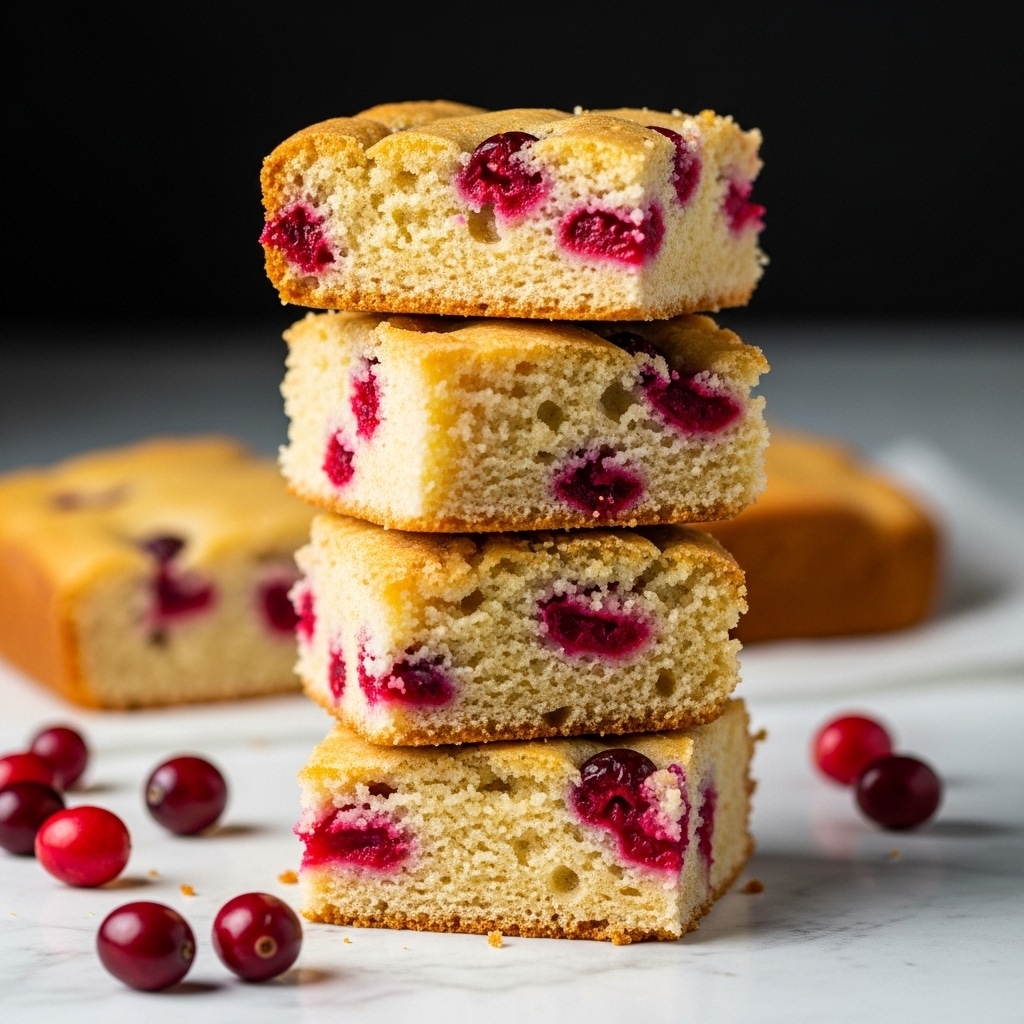 The image shows a stack of four square pieces of cranberry cake with a soft, crumbly texture. Each piece has a light golden color with bright red cranberries embedded throughout, creating small pops of color. The pieces are unevenly cut, giving a homemade feel, and the stack leans slightly to the side. Scattered cranberries lie nearby on a white marbled surface, and a dark background contrasts with the bright color of the cake. Photo taken with an iphone --ar 4:5 --v 7
