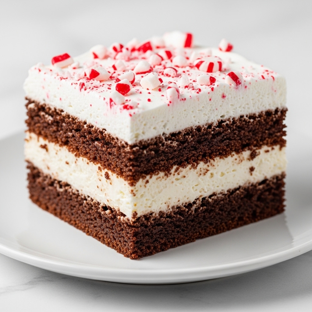 A close-up of a square slice of layered dessert on a white plate, showing three distinct layers: the bottom layer is dark brown and looks like chocolate cake, the middle layer is thick and white, possibly cream or frosting, and the top layer is fluffy white whipped cream with small pieces of red and white crushed peppermint candies sprinkled over it. The edges are clean cut, and the background is a white marbled surface. photo taken with an iphone --ar 4:5 --v 7