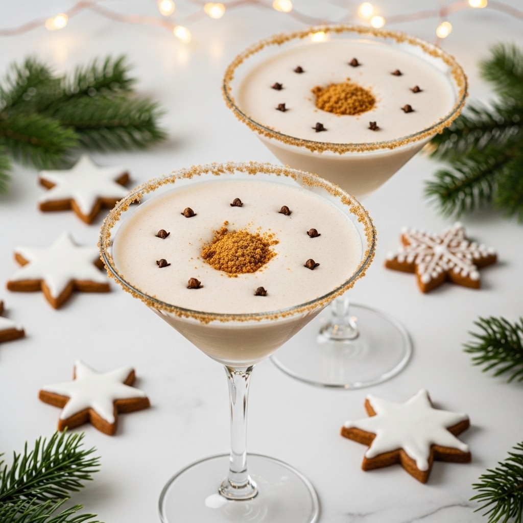 Two frothy beige creamy cocktails sit in clear martini glasses with rims coated in crushed brown sugar. On top of each drink are small scattered clove decorations and a little pile of crumbled brown spice in the center. The glasses stand on a white marbled surface surrounded by star-shaped gingerbread cookies decorated with white icing and small pine branches, while warm string lights softly glow in the blurred background. Photo taken with an iphone --ar 4:5 --v 7