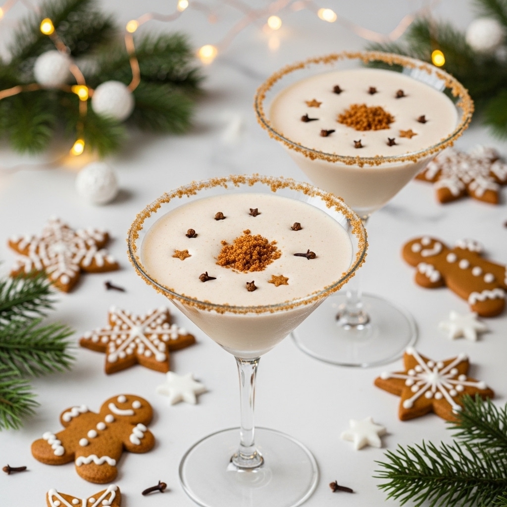 Two clear martini glasses sit on a white marbled surface, each filled with a creamy light beige drink. The rim of each glass is decorated with a crumbly brown sugar coating. Small brown crumbs are sprinkled both in the center of the drink and lightly on top, with a few tiny star-shaped pieces floating around. Around the glasses are several gingerbread cookies shaped like stars and people, decorated with white icing dots and lines. Soft warm lights and blurred green pine branches with white decorations provide a cozy background. photo taken with an iphone --ar 4:5 --v 7