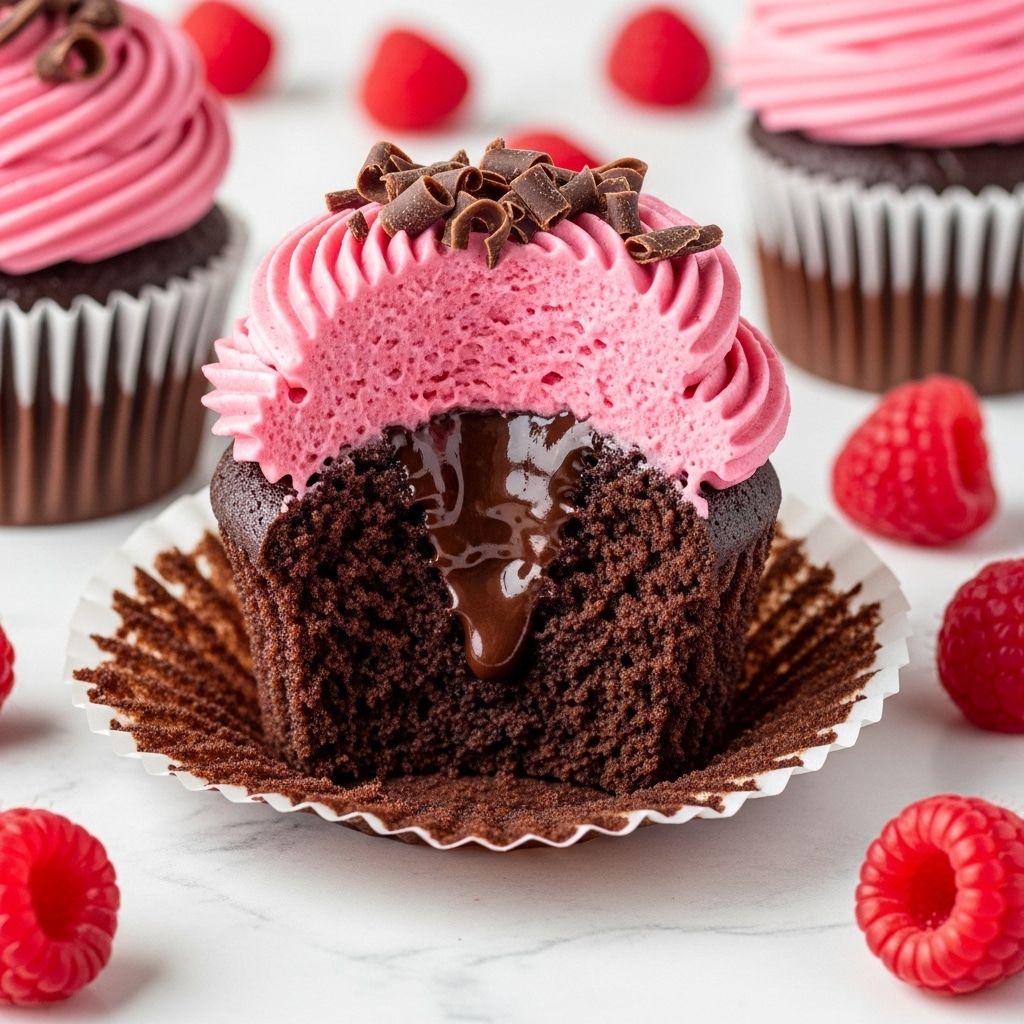 A chocolate cupcake with three visible layers: the dark brown chocolate base layer is dense and moist, topped by a vibrant pink swirled frosting layer with smooth texture and decorative ridges, and sprinkled with thin shavings of dark chocolate on top. The cupcake liner is white, and fresh raspberries are scattered around it on a white marbled surface. The cupcake is broken open at the center, showing the rich chocolate inside. Photo taken with an iphone --ar 4:5 --v 7