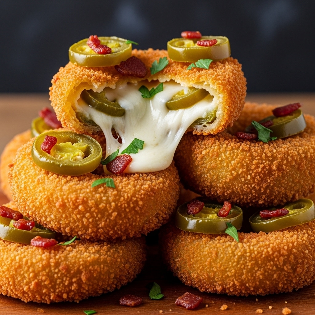 The image shows crispy golden-brown fried jalapeño rings with a crunchy breadcrumb coating, topped with small pieces of green jalapeño slices and bits of red-brown bacon, garnished with chopped green herbs. One jalapeño ring is broken open at the top, revealing gooey melted white cheese inside with visible green jalapeño slices embedded in the cheese. The rings are stacked on a wooden board against a soft-focused dark background. photo taken with an iphone --ar 4:5 --v 7