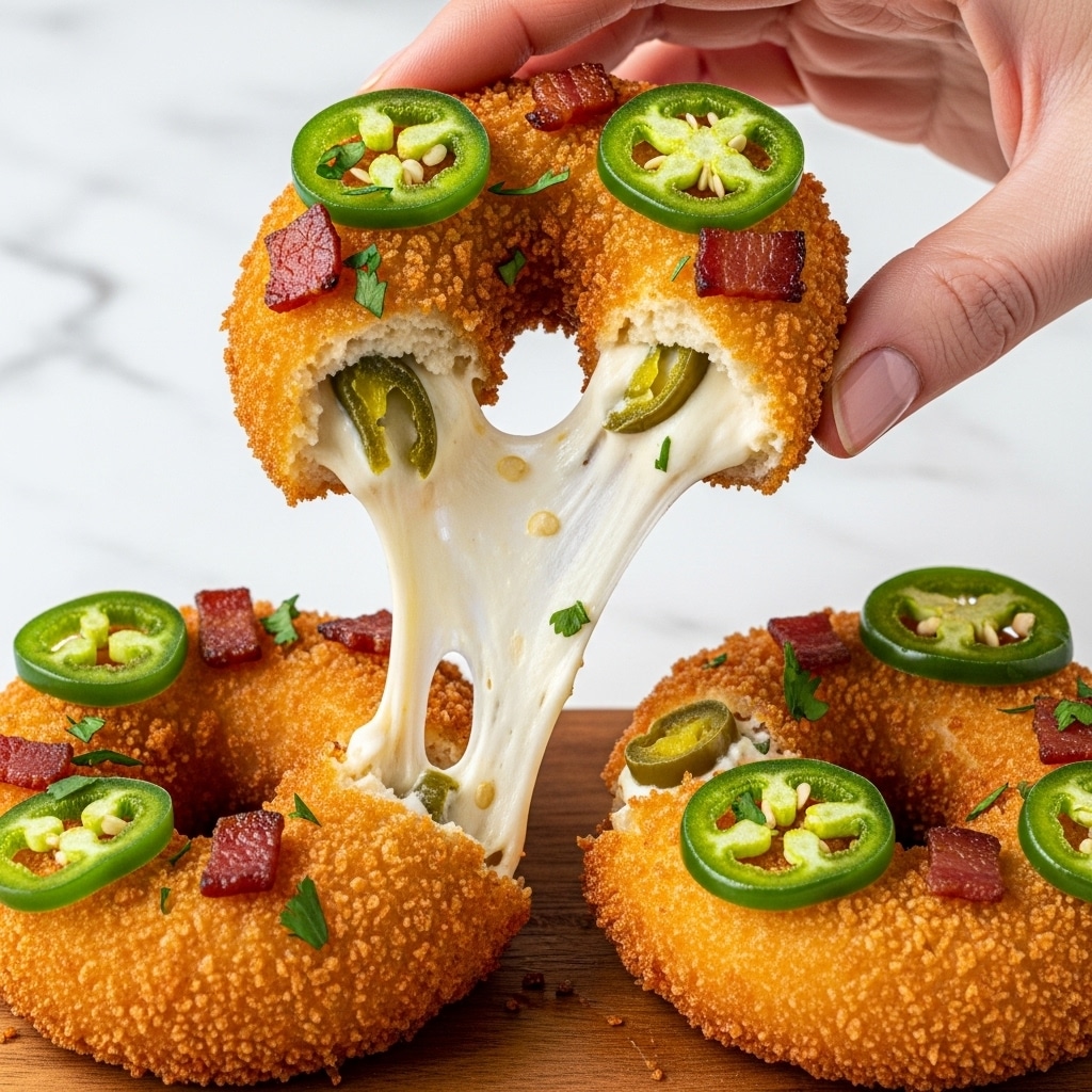 The image shows a close-up of three crispy, golden brown fried rings shaped like doughnuts with a crunchy breadcrumb coating. The top ring is broken open, revealing a gooey, creamy white cheese filling inside, mixed with green slices of jalapeño. Each ring is topped with fresh green jalapeño slices and small bits of crispy reddish-brown bacon, with some chopped green herbs sprinkled on top. The rings are placed on a wooden board against a white marbled surface background, and a woman's hand is holding the broken ring to show the melted cheese stretching inside. Photo taken with an iphone --ar 4:5 --v 7