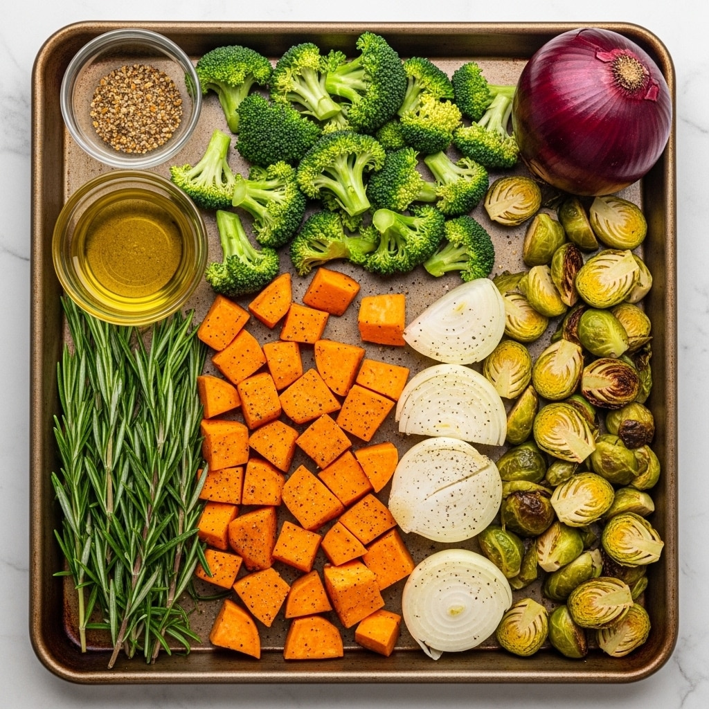 The image shows a baking tray with several sections of fresh vegetables and herbs arranged neatly on a white marbled surface. In the bottom left corner, there is a bunch of green rosemary sprigs with thin needle-like leaves. To the right of the rosemary, there are bright orange cubed sweet potatoes dusted with black pepper. Next to the sweet potatoes are peeled white onion halves, and to their right are golden-brown roasted Brussels sprouts cut in half. Above the Brussels sprouts is a pile of fresh green broccoli florets. In the top right corner lies a whole purple onion with glossy skin. In the upper left corner of the tray, there are two small clear glass bowls; one filled with a light golden olive oil and the other with a coarse seasoning mix. The baking tray is set on a white marbled surface. photo taken with an iphone --ar 4:5 --v 7