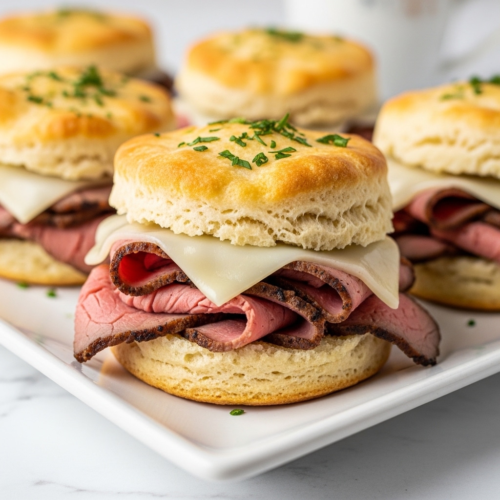 The image shows a close-up of a sandwich on a white rectangular plate set on a white marbled texture. The sandwich has three main layers: the bottom layer is a soft, golden biscuit with a slightly crispy edge; the middle layer consists of several thin slices of pinkish-brown meat with visible seasoning and texture; the top layer is a slice of melted white cheese that covers the meat and is slightly glossy. The sandwich is topped with another golden biscuit half sprinkled with herbs. In the background, a white cup is slightly out of focus. photo taken with an iphone --ar 4:5 --v 7