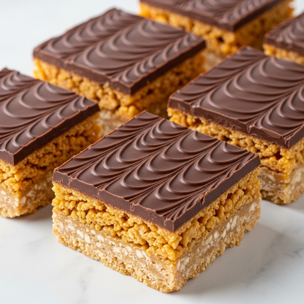 The image shows square dessert bars with two layers. The bottom layer is thick, golden, and textured with crispy cereal pieces, giving it a crunchy look. The top layer is a smooth, glossy chocolate coating with swirled patterns creating a wavy design across the surface. The bars are neatly cut and placed on a white marbled surface, with each piece separated slightly to show their edges clearly. Photo taken with an iphone --ar 4:5 --v 7