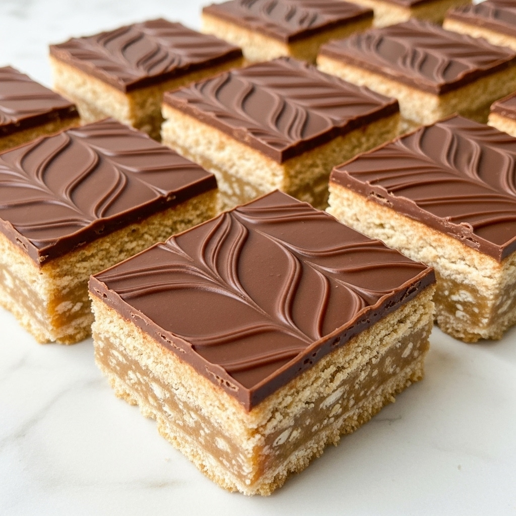 The image shows several square dessert bars arranged on a white marbled surface. Each bar has two layers: a thick, textured beige bottom layer made of a crispy mixture, and a smooth, glossy chocolate top layer with decorative swirls creating a wavy pattern. The chocolate looks creamy and shiny, covering the entire top surface of each bar, with clean edges showing the distinct layers. The bars are evenly cut and placed closely together. photo taken with an iphone --ar 4:5 --v 7
