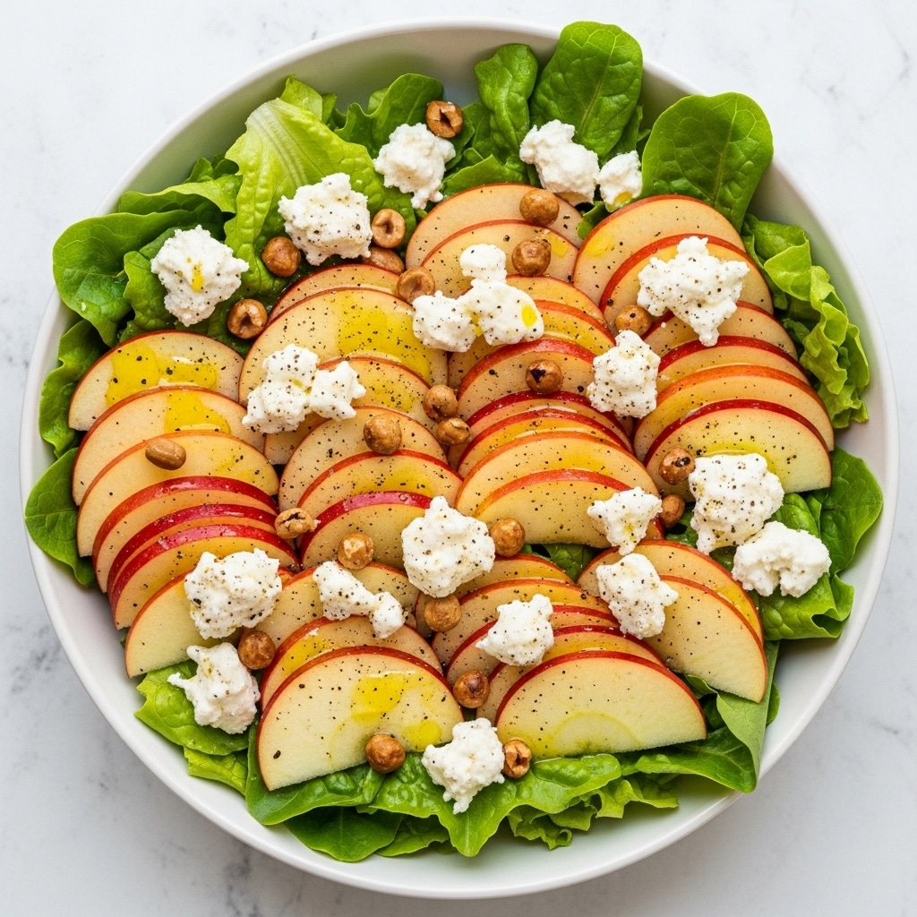 A white bowl filled with fresh green lettuce leaves forms the base layer, topped with evenly arranged slices of red and yellow apple that create a colorful second layer. Scattered on top are small white chunks of creamy cheese and small brown nuts adding texture and contrast. The dish is lightly sprinkled with black pepper and a drizzle of yellowish olive oil shines on the apple slices. The bowl is placed on a white marbled textured surface. photo taken with an iphone --ar 4:5 --v 7