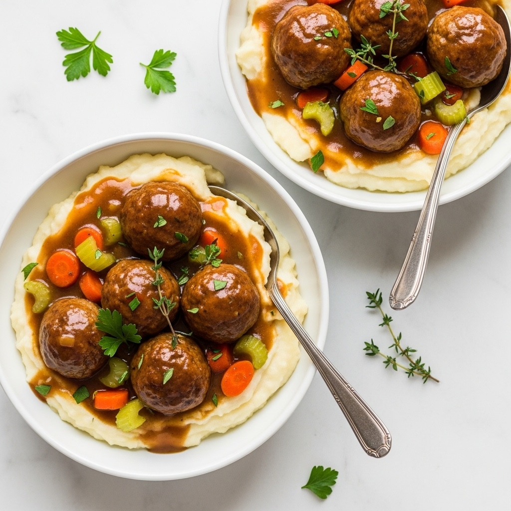 Two white bowls filled with creamy mashed potatoes as the bottom layer, topped with round brown meatballs coated in a glossy brown sauce. Scattered throughout are chunks of orange carrots and green celery, adding bright colors. Small green parsley leaves and sprigs of thyme decorate the dish, with silver spoons resting inside each bowl. The bowls sit on a white marbled surface with some green parsley leaves scattered around. Photo taken with an iphone --ar 4:5 --v 7
