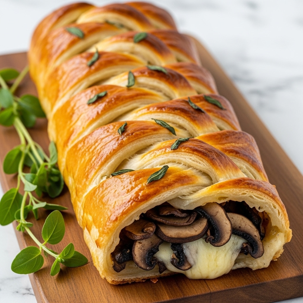 A golden brown braided pastry roll rests on a wooden board, showing several visible layers of shiny, flaky crust on top with a crisscross pattern. Inside, rich layers of cooked mushrooms and melted cheese are seen, with the mushrooms being dark brown and tender looking. Small green leaves are scattered on top and around the board, adding a fresh touch. The pastry shines with a glossy finish from an egg wash, and the surface is textured with crispy baked spots. Photo taken with an iphone --ar 4:5 --v 7