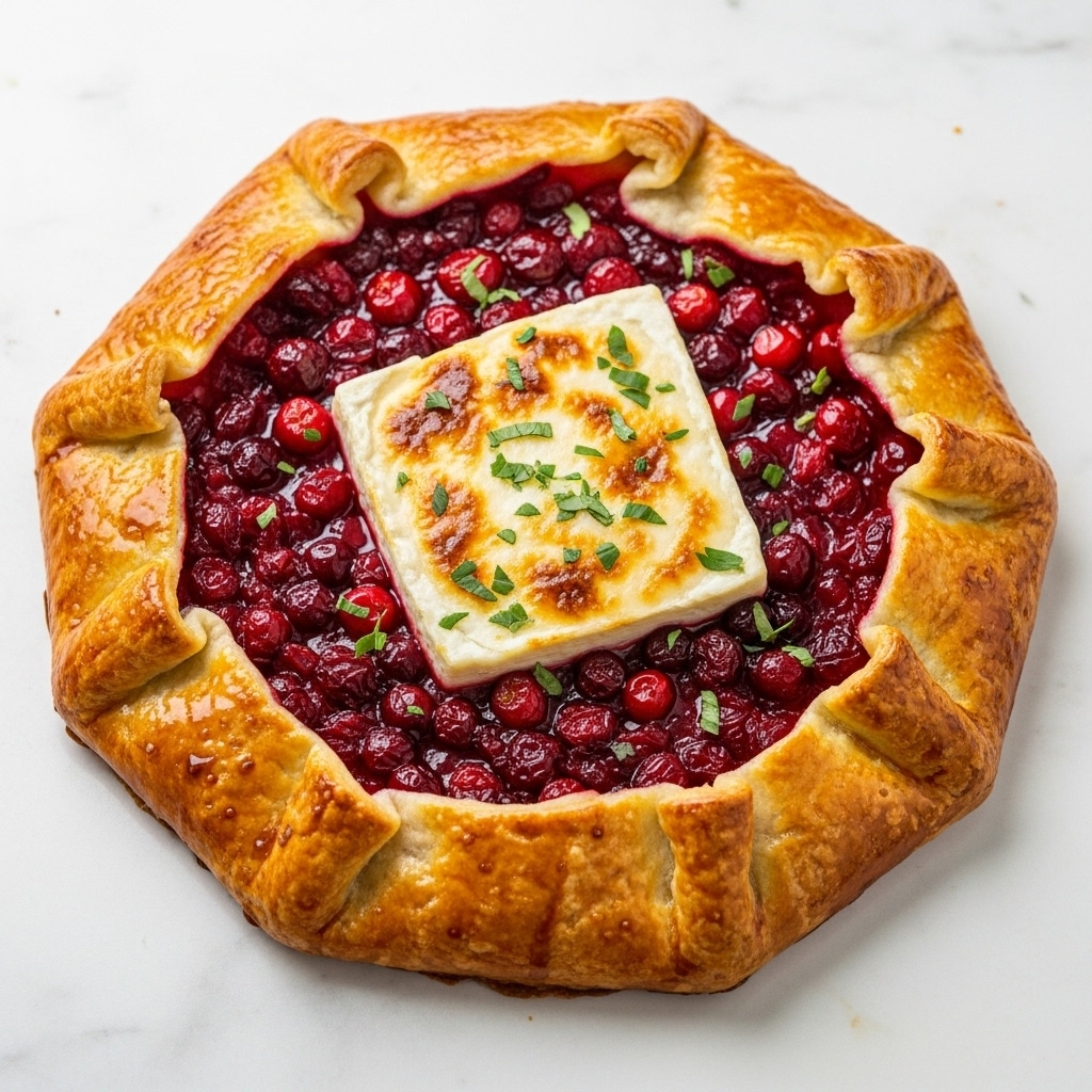 A round pastry with a golden-brown crust forms the bottom and outer ring, showing flaky layers and a shiny surface. Inside, there is a thick layer of deep red cranberry filling with whole berries, creating a rich texture. On top of the cranberry layer sits a square piece of soft, melted yellow cheese with a slightly browned surface. Small green herb leaves are sprinkled over the cheese, adding color and detail. The whole dish is set on a wooden surface with a blurred background, but the background is changed to a white marbled texture. photo taken with an iphone --ar 4:5 --v 7