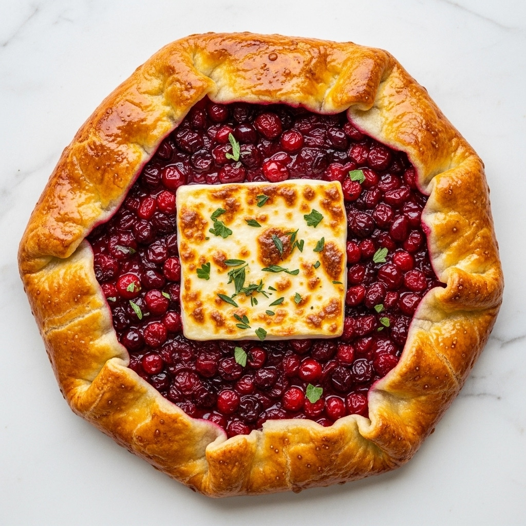 A round galette with three distinct layers is shown on a white marbled surface. The outer layer is a thick, golden-brown, flaky crust with a shiny glaze that looks soft and slightly puffed. Inside this crust, there is a bright red layer of juicy, cooked cranberries with a glossy texture. At the center, a square piece of white, melted cheese with a browned top is placed, sprinkled with small green herb leaves scattered on top. The whole dish looks warm and freshly baked. photo taken with an iphone --ar 4:5 --v 7