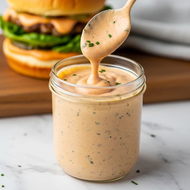 A clear glass jar filled with creamy, light orange sauce speckled with small black and green herbs sits on a wooden board over a white marbled texture. A spoon lifting some of the sauce shows its smooth, slightly thick texture with a small drip falling back into the jar. In the blurry background, a sandwich with a golden brown bun, green lettuce, and an orange sauce spread is partially visible. Photo taken with an iphone --ar 4:5 --v 7
