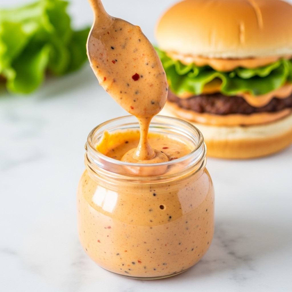A small clear glass jar filled with a thick, creamy orange sauce that has visible black and red specks, giving it a textured look. A spoon is lifting the sauce from the jar, showing the sauce dripping slightly back into the jar. In the blurred background, there is a white bun sandwich with lettuce and a spread of the same orange sauce underneath the top bun. All the items are placed on a white marbled surface. photo taken with an iphone --ar 4:5 --v 7