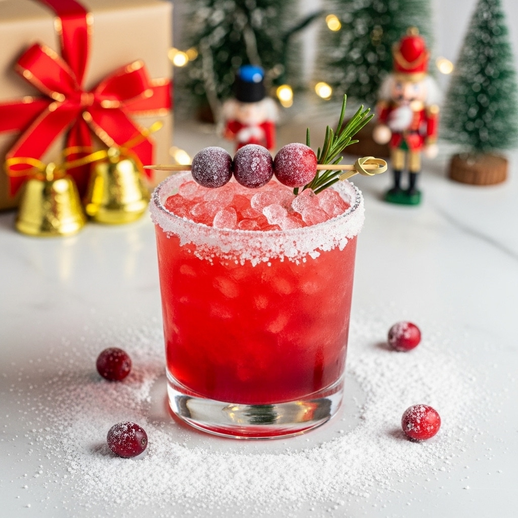 A clear glass filled with crushed ice holds a bright red drink, with the liquid and ice mixing in layers from deep red at the bottom to a lighter red near the top. The rim of the glass is coated with a thick layer of white sugar crystals. On top, there is a small wooden skewer holding three frosted red cranberries and a fresh green rosemary sprig. Around the glass on a white marbled surface, white powdered sugar is sprinkled widely, with a few red cranberries placed on it. In the soft focus background, there are Christmas decorations including a wrapped present with a red bow, golden bells, toy nutcrackers, and small Christmas trees with warm yellow lights. Photo taken with an iphone --ar 4:5 --v 7