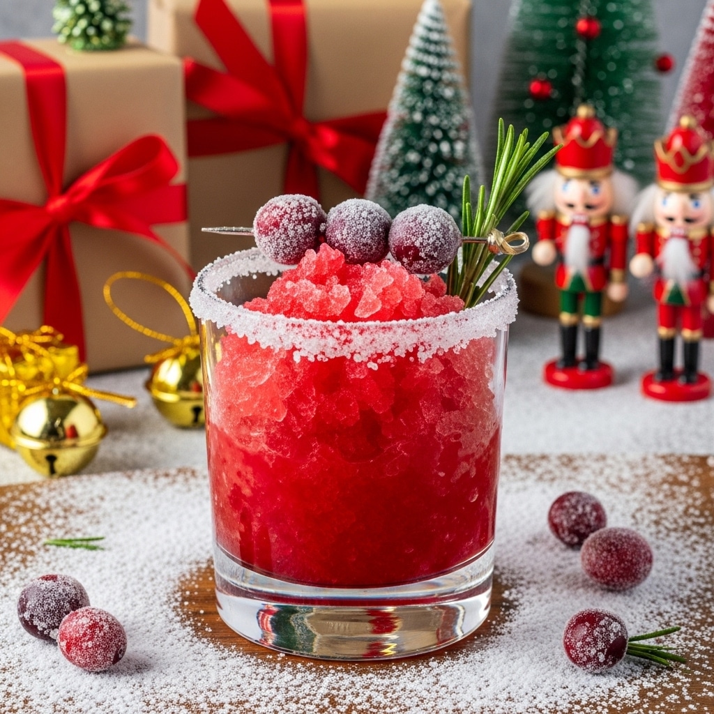 A clear short glass filled with deep red crushed ice piled up almost to the top, with a thick layer of white sugar crystals around the rim. On top, three frosted cranberries are skewered on a small stick alongside a fresh green rosemary sprig. The glass sits on a wooden surface dusted with white powdered sugar, with more frosted cranberries scattered nearby. In the background, blurred Christmas decorations include wrapped gifts with red ribbons, golden jingle bells, small decorated pine trees, and two red nutcracker figurines. photo taken with an iphone --ar 4:5 --v 7