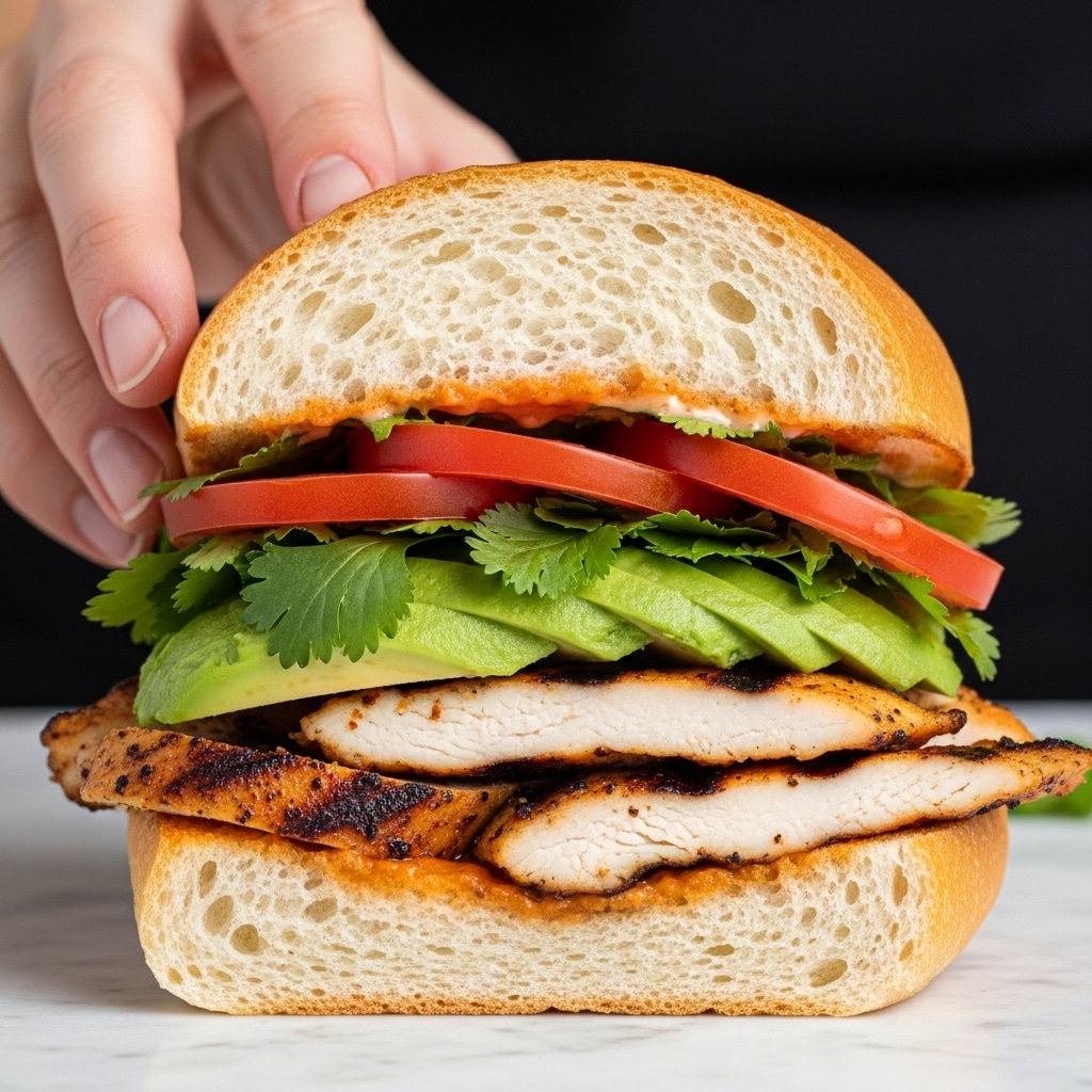 A close-up of a sandwich with a soft, golden-brown crusty bun sliced horizontally. Inside, there are three main layers: the bottom layer has well-grilled, slightly charred sliced chicken pieces with a juicy texture, the middle layer shows fresh green avocado slices and dark green leafy cilantro, and the top layer has a mix of bright red tomato slices and a bit of sauce peeking through, adding moisture and color contrast. The sandwich is placed on a white marbled surface, and a woman's hand is holding it from the side, gently lifting the top bun. photo taken with an iphone --ar 4:5 --v 7