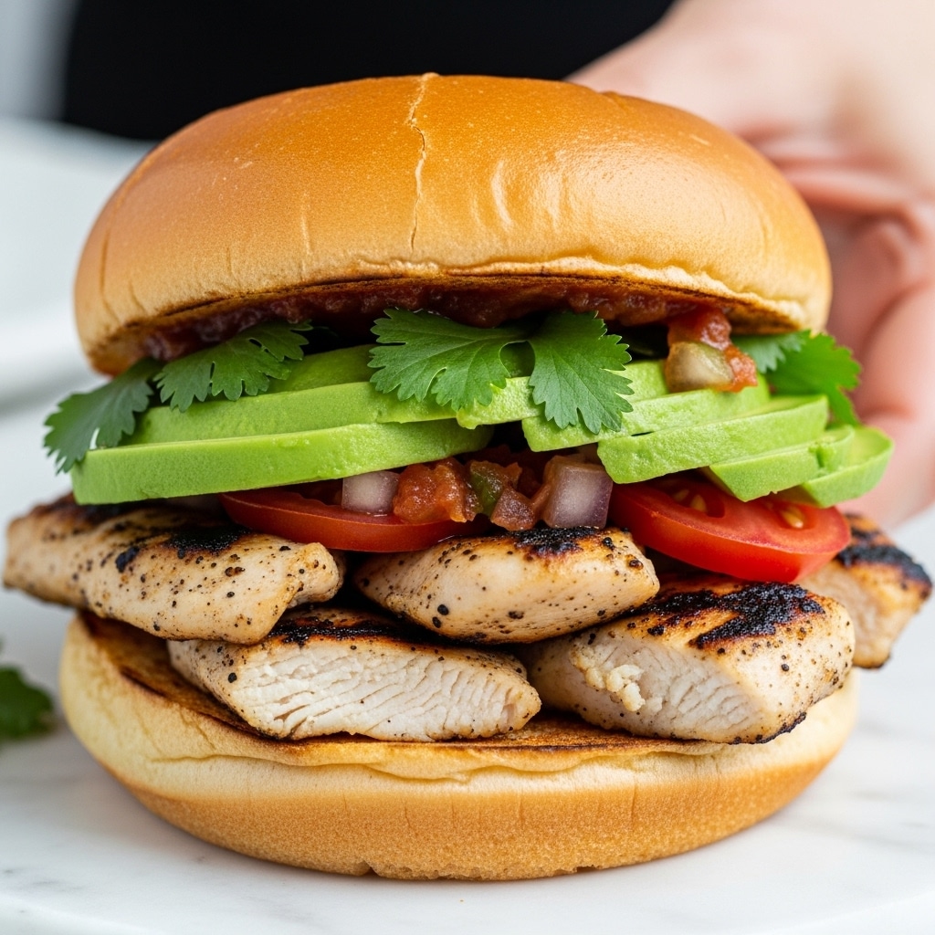 The image shows a close-up of a sandwich with a soft, golden-brown bun on top and bottom. Inside, there are several layers starting with grilled chicken pieces that have a slightly charred texture and a juicy, white interior. Above the chicken, slices of light green avocado are clearly visible, accompanied by a few dark green cilantro leaves scattered throughout. There are also small pieces of red tomato and what looks like a dark red salsa or sauce adding color and texture. The sandwich is held by a woman's hand on a white marbled surface in the background. Photo taken with an iphone --ar 4:5 --v 7