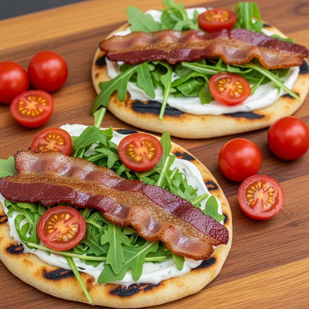 Two small grilled flatbreads with golden brown spots and slightly crispy edges are placed on a wooden board. Each flatbread is spread with a creamy white sauce that looks smooth and thick. On top, there is a layer of fresh green arugula leaves scattered unevenly. Bright red cherry tomatoes, some whole and some halved, are placed around and on the flatbreads. Crispy, reddish-brown bacon strips lay across each flatbread, adding a shiny texture with some fat visible. The overall look is fresh, colorful, and slightly charred on the breads. photo taken with an iphone --ar 4:5 --v 7