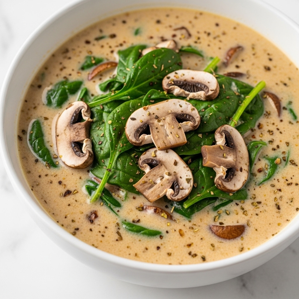 The image shows a bowl of creamy soup filled with several layers of sliced mushrooms and chopped green herbs, all mixed in a thick, pale beige broth with visible specks of seasoning. The mushrooms vary in size and are light brown with darker edges, floating evenly throughout the creamy soup, while the green herbs add small pops of color on top and amidst the broth. The bowl is white and sits on a white marbled surface, enhancing the warm and inviting look of the dish. Photo taken with an iphone --ar 4:5 --v 7