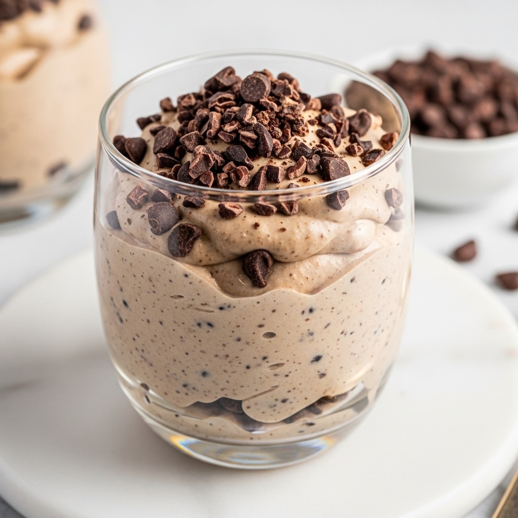 A clear glass filled with a thick, creamy dessert made of light brown mousse mixed with small dark chocolate chips throughout. On the top, there is a layer of crushed chocolate pieces and cocoa nibs, creating a rough texture that contrasts with the smooth mousse underneath. The glass is placed on a white marbled surface with a slightly blurred bowl of cocoa nibs nearby, all giving a cozy and rich feel. Photo taken with an iphone --ar 4:5 --v 7