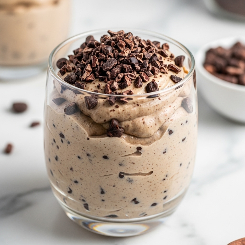 A clear glass filled with a creamy, light brown mixture that looks thick and smooth, with small chocolate chips mixed throughout and scattered on top. The glass is placed on a white marbled surface with a small bowl of chocolate chips blurred in the background. Photo taken with an iphone --ar 4:5 --v 7