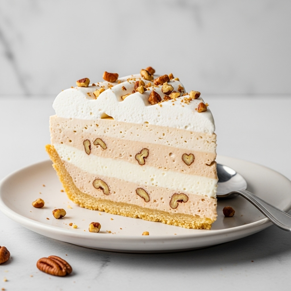 A slice of creamy pie sits on a white plate with a textured white marbled background. The pie has four visible layers: a light golden crust at the bottom, a thick light beige creamy layer with small nut pieces scattered throughout, a thinner white creamy layer above that, and a thick fluffy white whipped topping on top. The whipped topping is sprinkled with small pieces of crunchy brown nuts. A few nuts are also scattered on the plate around the pie, and a silver spoon rests on the edge of the plate. Photo taken with an iphone --ar 4:5 --v 7