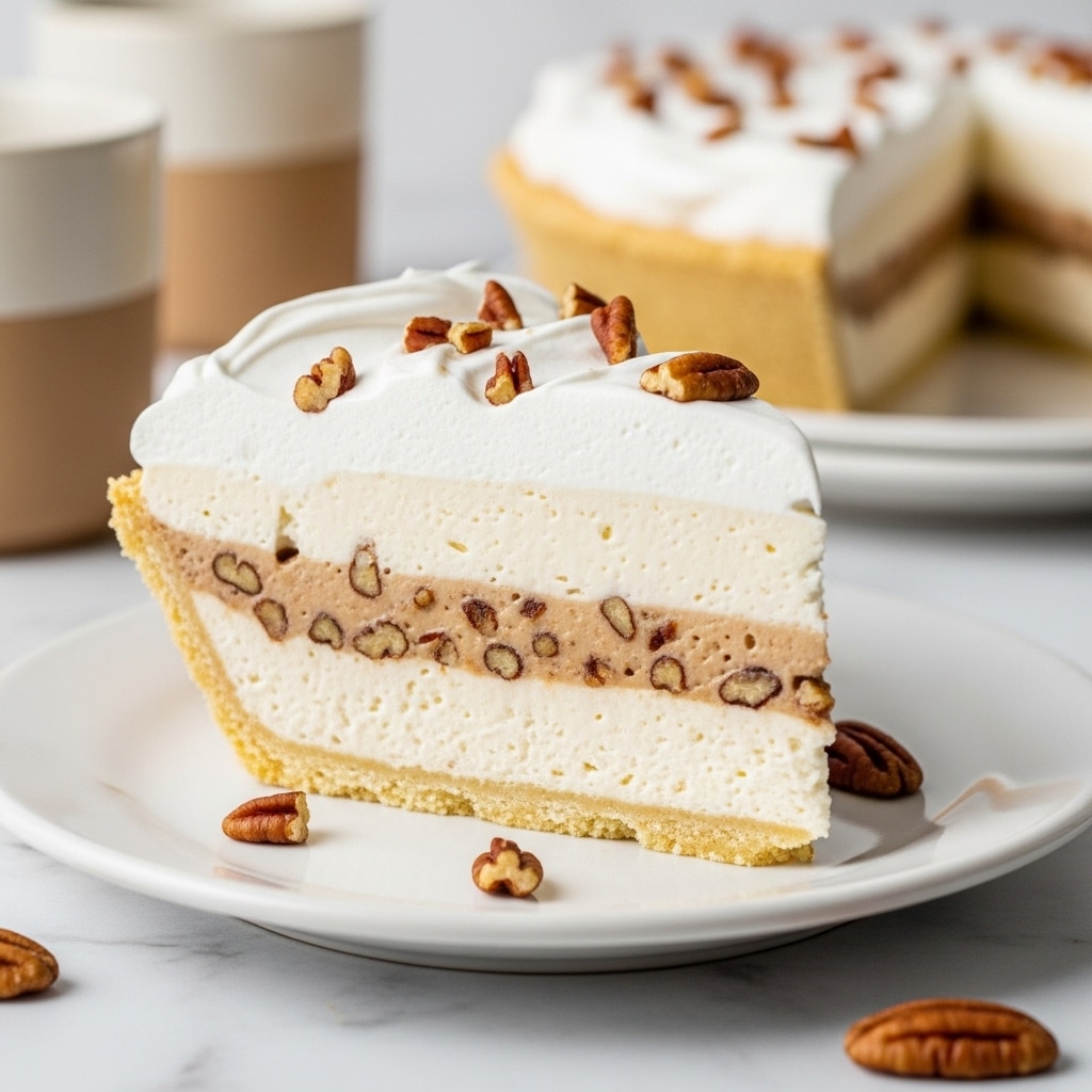 A slice of creamy pie is shown on a white plate with a few pecan nuts scattered around. The pie has three clear layers: a light golden crust at the bottom, a thick layer of creamy filling mixed with small bits of pecans in the middle, and a thick fluffy white topping on top. The topping is smooth except for some chopped pecans sprinkled on it. The background shows a slightly out of focus tan cup and another plate, all placed on a white marbled surface. Photo taken with an iphone --ar 4:5 --v 7