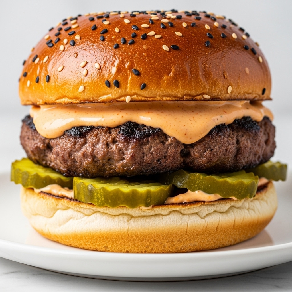 A close-up of a large burger with a shiny dark brown sesame seed bun on top. Below the bun, there is a creamy orange sauce spread over a grilled beef patty that looks juicy and slightly charred. Under the patty, thick slices of bright green pickles rest on the white toasted bottom bun. The sandwich sits on a white plate on a white marbled surface, showing soft and fresh textures in all layers. Photo taken with an iphone --ar 4:5 --v 7