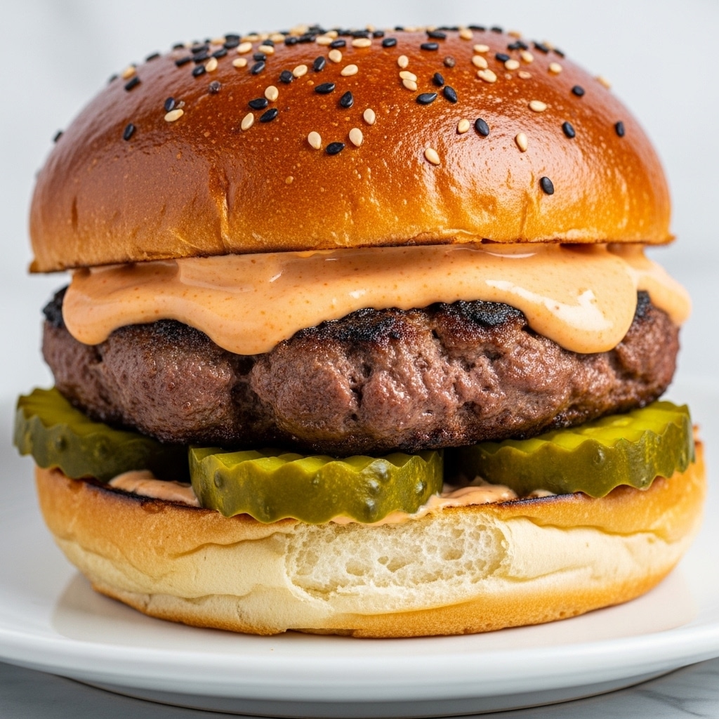 A close-up view of a large burger with four visible layers, starting at the bottom with a shiny toasted brioche bun. Above the bun, there are several slices of bright green pickles, followed by two thick, juicy beef patties stacked one on top of the other, each with a grill-marked surface and slightly melted cheese between them. On the top patty, there is a generous serving of creamy orange sauce with specks of herbs. The top consists of a glossy brioche bun sprinkled with white sesame seeds. The background shows a white marbled texture. photo taken with an iphone --ar 4:5 --v 7