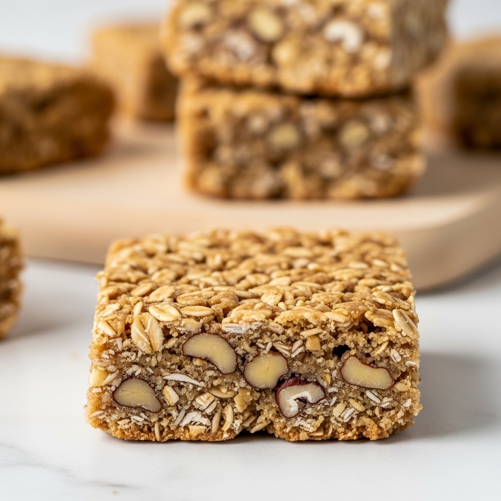 The image shows a close-up of a square granola bar with a rough and crunchy surface, filled with visible nuts and oats embedded throughout the bar. The bar is light brown with specks of white from the nuts. Behind this main bar, there are two blurred pieces of similar granola bars stacked on a light wooden board. The scene is set on a white marbled surface. The photo taken with an iphone --ar 4:5 --v 7