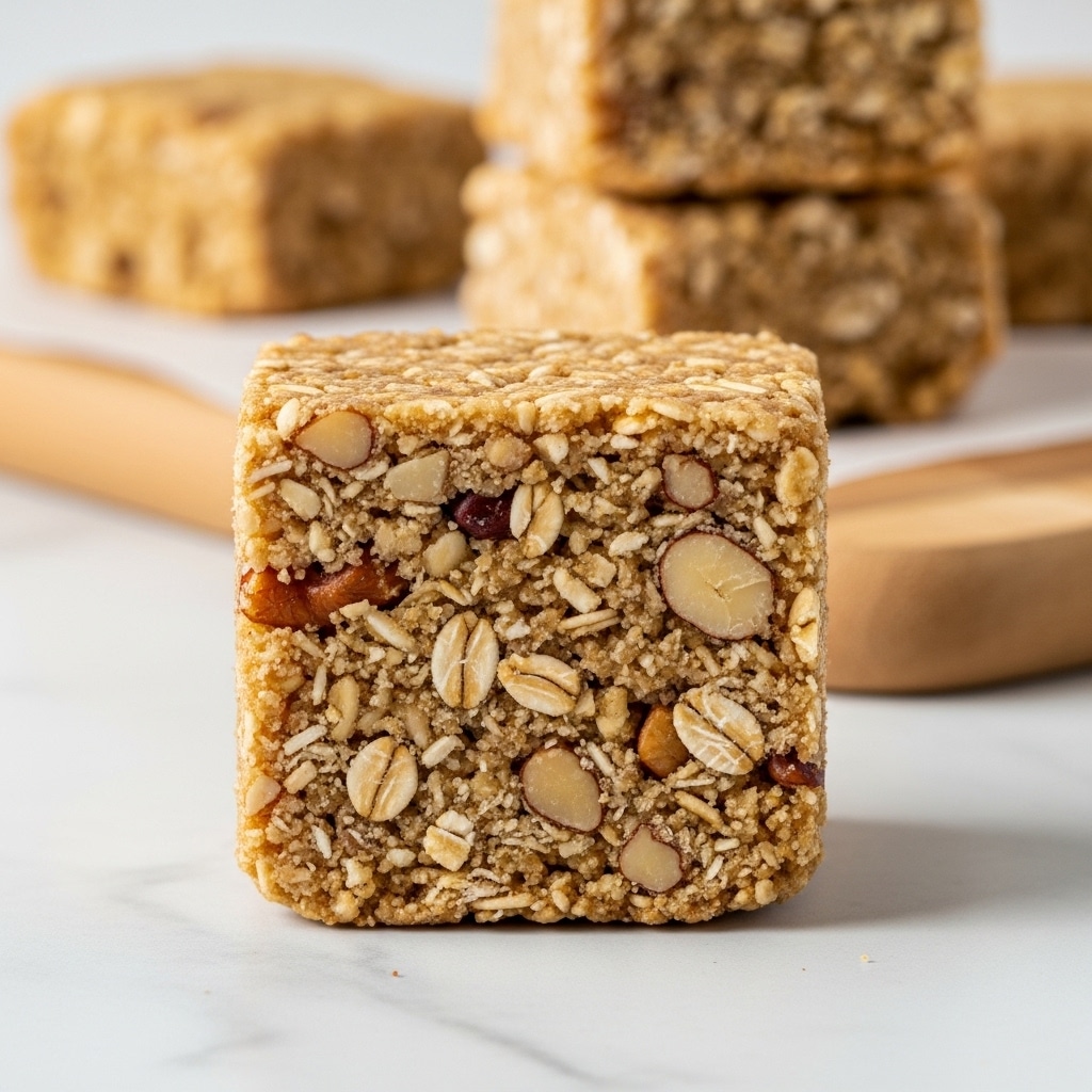 The image shows a close-up of a square piece of nut bar with a chunky texture, sitting on a wooden board. The bar has a light brown color with visible pieces of nuts and grains mixed inside, giving it a rough and uneven surface. In the background, two more nut bars are slightly out of focus, stacked side by side. The lighting highlights the bar's crunchy texture and natural colors, with a simple and clean look. The board is set on a white marbled textured surface. Photo taken with an iphone --ar 4:5 --v 7