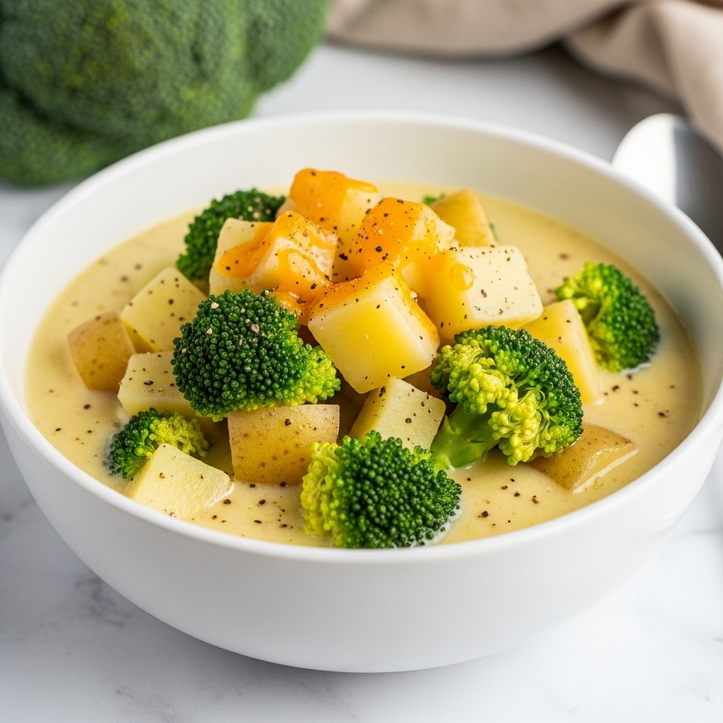 A white bowl filled with a creamy potato and broccoli soup layered with soft, pale yellow potato chunks and bright green broccoli florets submerged in a thick, smooth, light yellow cheese broth. The top has small melted orange cheese patches with a light sprinkle of black pepper. The bowl is placed on a white marbled surface with a blurred green broccoli head and part of a beige cloth visible in the background. photo taken with an iphone --ar 4:5 --v 7