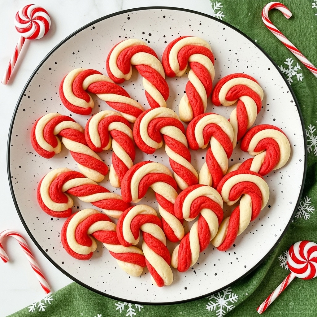 The image shows a white, speckled plate with a black scalloped edge, filled with ten candy cane-shaped cookies. Each cookie has two twisted layers, one layer is bright red and the other is creamy white. The cookies have a smooth texture and are arranged neatly on the plate. The plate is placed on a white marbled surface with small red and white candy cane decorations and a green textile with snowflake patterns partially visible around it. photo taken with an iphone --ar 4:5 --v 7