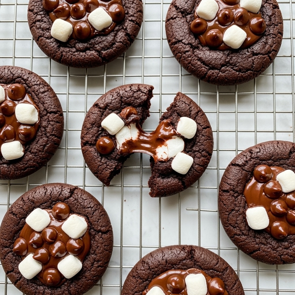 The image shows several dark brown chocolate cookies on a cooling rack placed over a white marbled texture. Each cookie has a rough, slightly cracked surface with glossy, melted chocolate chips spread on top, along with small white marshmallow pieces nestled in the cracks and around the chips. One cookie in the center is broken, revealing gooey melted chocolate and soft, white marshmallow inside. The mix of rich brown and white colors creates a cozy, sweet look. Photo taken with an iphone --ar 4:5 --v 7