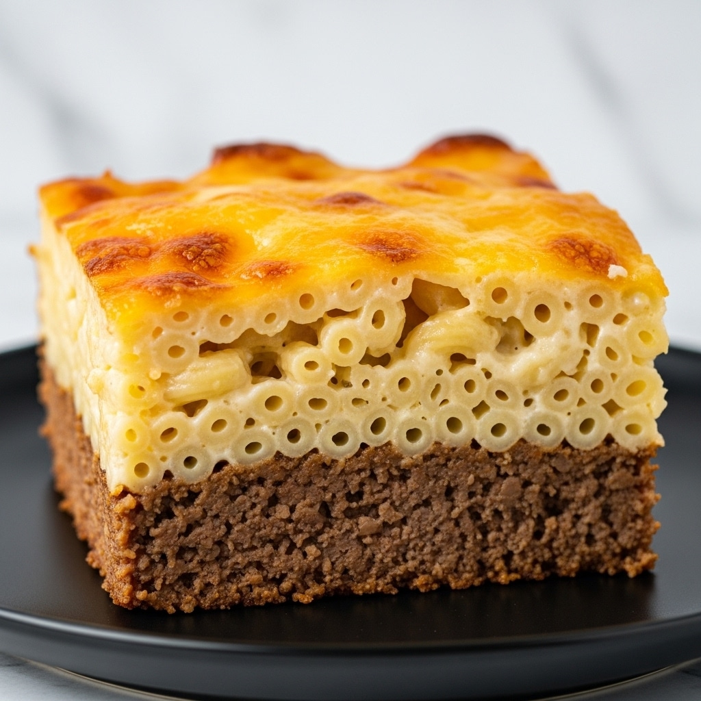 The image shows a close-up view of a thick, square slice of baked macaroni and beef casserole. The dish has three clear layers: the top layer is golden-brown melted cheese with bubbly texture and some darker browned spots; the middle layer is creamy, pale yellow macaroni pasta with a smooth texture; the bottom layer is a dense, crumbly ground beef cooked to a rich brown color. The slice sits on a black plate, contrasting with the warm tones of the food, and the background is a white marbled texture. The photo taken with an iphone --ar 4:5 --v 7