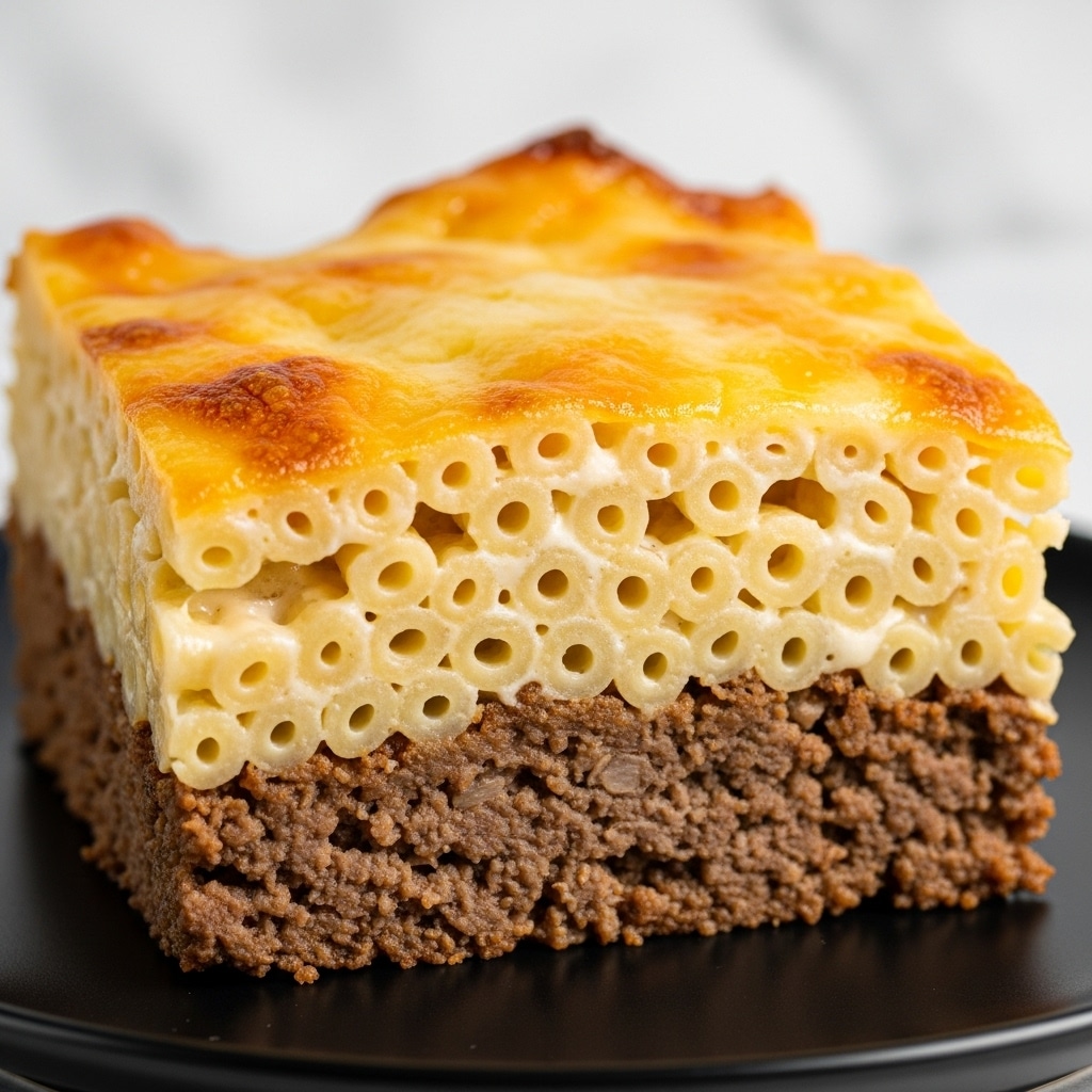 The image shows a close-up of a thick, square piece of baked pasta dish with two clear layers. The bottom layer is made of minced brown meat mixed with tiny bits of sauce, appearing crumbly and moist. The top layer consists of creamy, pale yellow macaroni, covered with golden melted cheese that is slightly browned and bubbly on top. The textures show the soft pasta tubes and the rough ground meat, making the dish look rich and hearty. The background is a white marbled surface. Photo taken with an iphone --ar 4:5 --v 7
