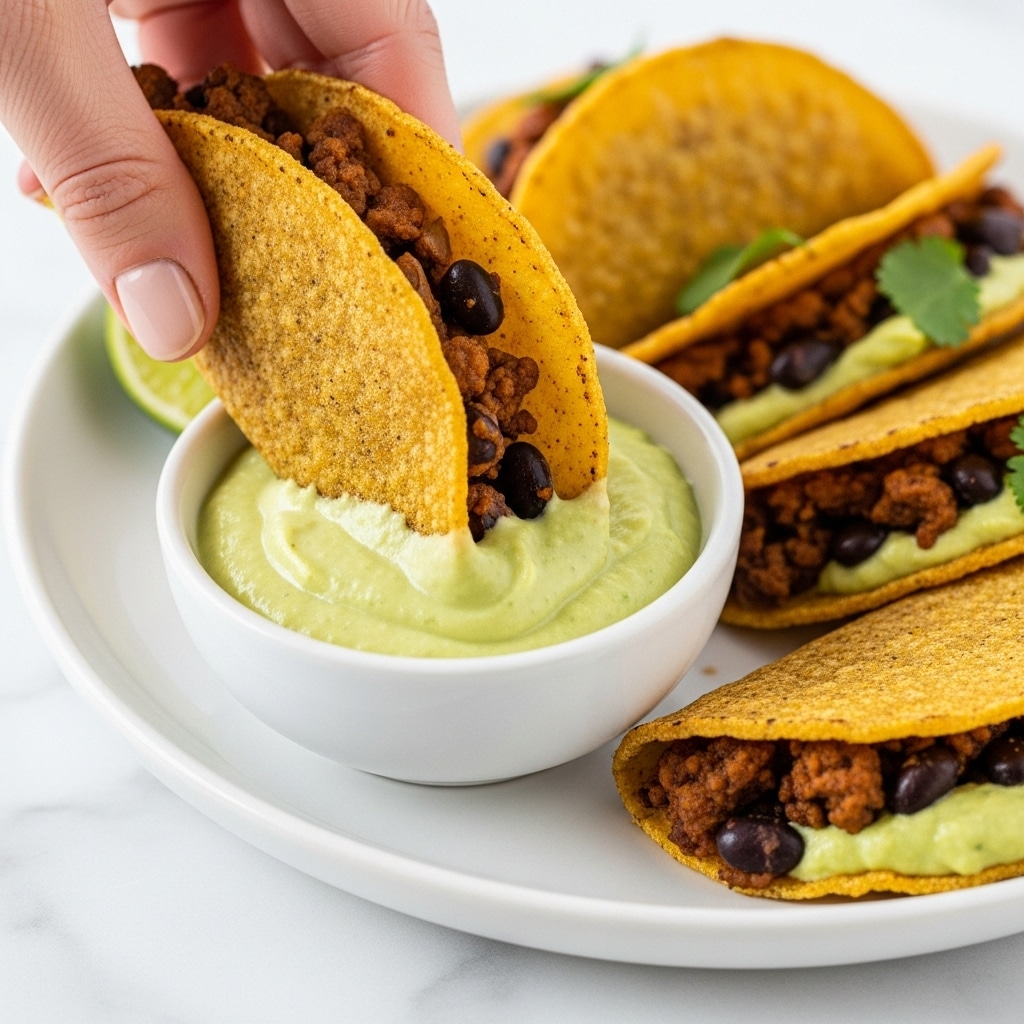 A close-up image shows a woman's hand dipping a crispy, browned taco in a small white bowl of creamy green sauce. The taco is folded in half with a filling of dark brown cooked ground meat mixed with black beans, visible along the open side. The taco shell has a rough, crunchy texture with a warm golden-brown color. The small bowl of sauce sits on a white plate, and more tacos with the same filling rest on the plate in the background, some garnished with green herbs. The scene is set against a white marbled surface. photo taken with an iphone --ar 4:5 --v 7