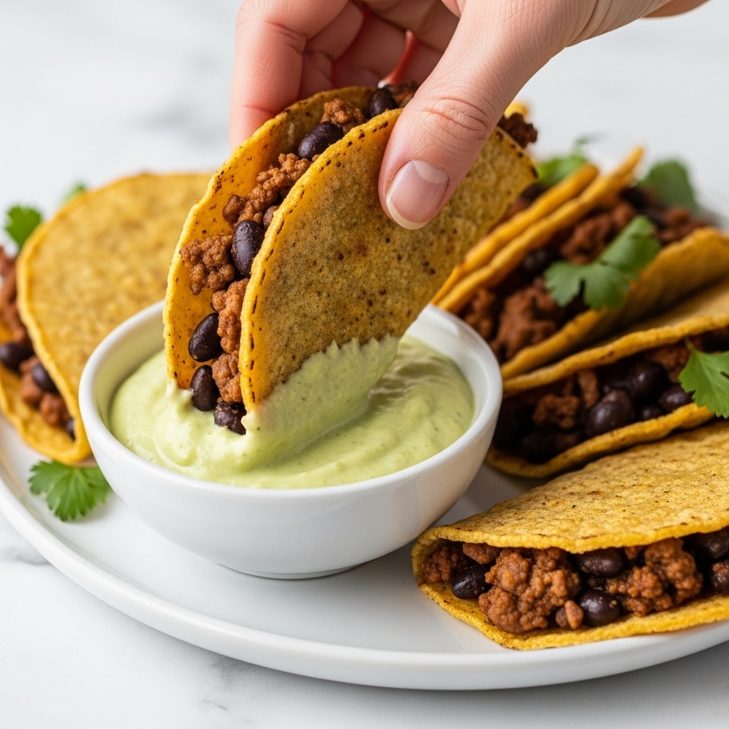 A golden-brown folded taco held by a woman's hand is being dipped into a small white bowl filled with creamy, light green sauce with visible herb flecks; the taco has a textured crispy shell with a filling made of browned ground meat mixed with black beans, showing a richly spiced filling in dark brown and black colors; on a large white plate beneath, multiple similarly stuffed tacos are arranged, with some garnished with green cilantro leaves; the background features a white marbled texture with a soft focus, emphasizing the detailed taco and sauce in the foreground. photo taken with an iphone --ar 4:5 --v 7