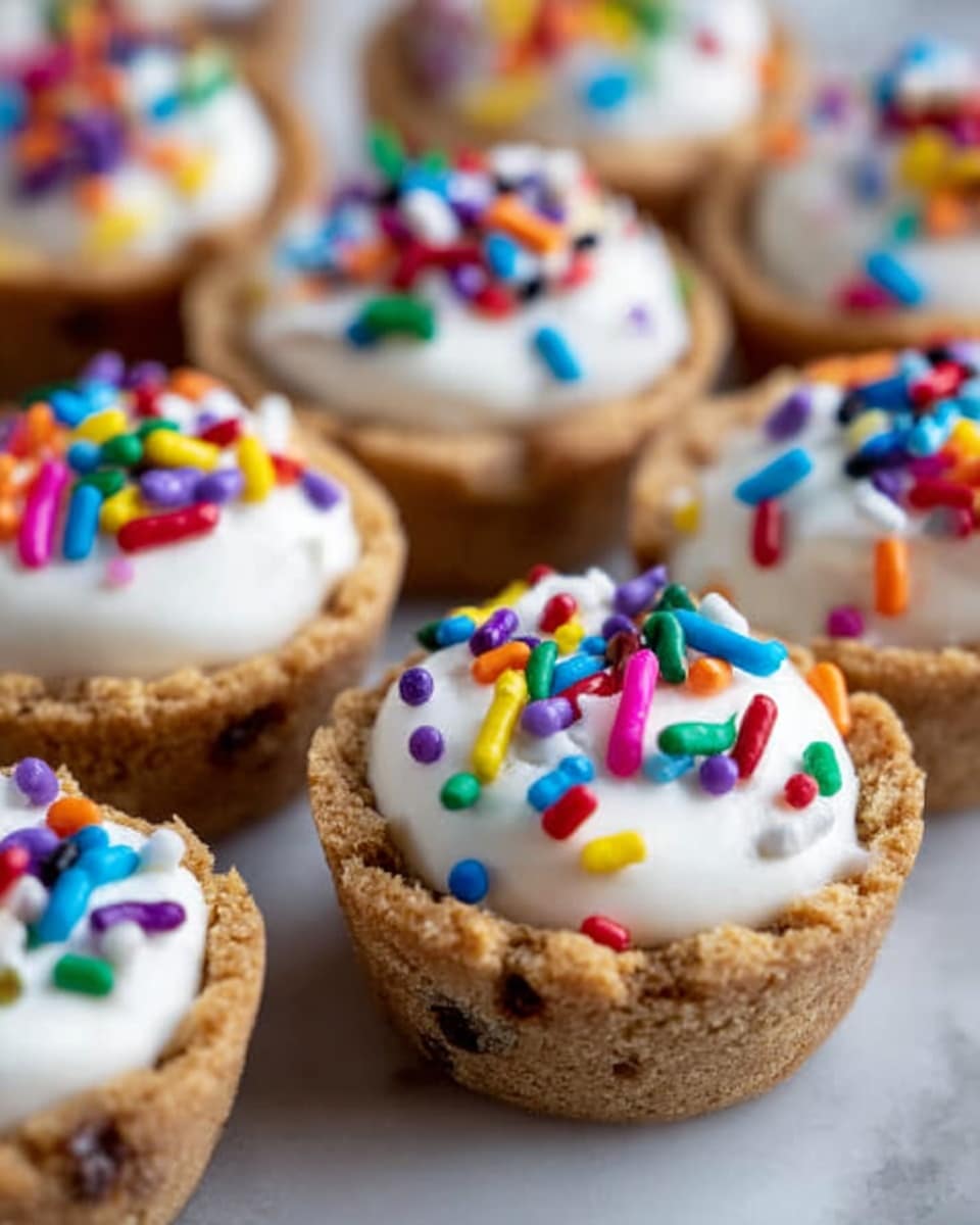 The image shows several small tartlets arranged closely together on a white marbled surface, each tartlet having a golden-brown crust with a slightly rough texture. Inside each tartlet is a smooth, white whipped cream topping swirled into a small peak in the center. The whipped cream is covered with colorful round and rod-shaped sprinkles in bright colors like red, blue, green, yellow, purple, and orange, adding a fun and festive look. The depth of field is shallow, focusing sharply on a few tartlets in the center while the rest blur gently into the background, creating a cozy and inviting feel. Photo taken with an iphone --ar 4:5 --v 7